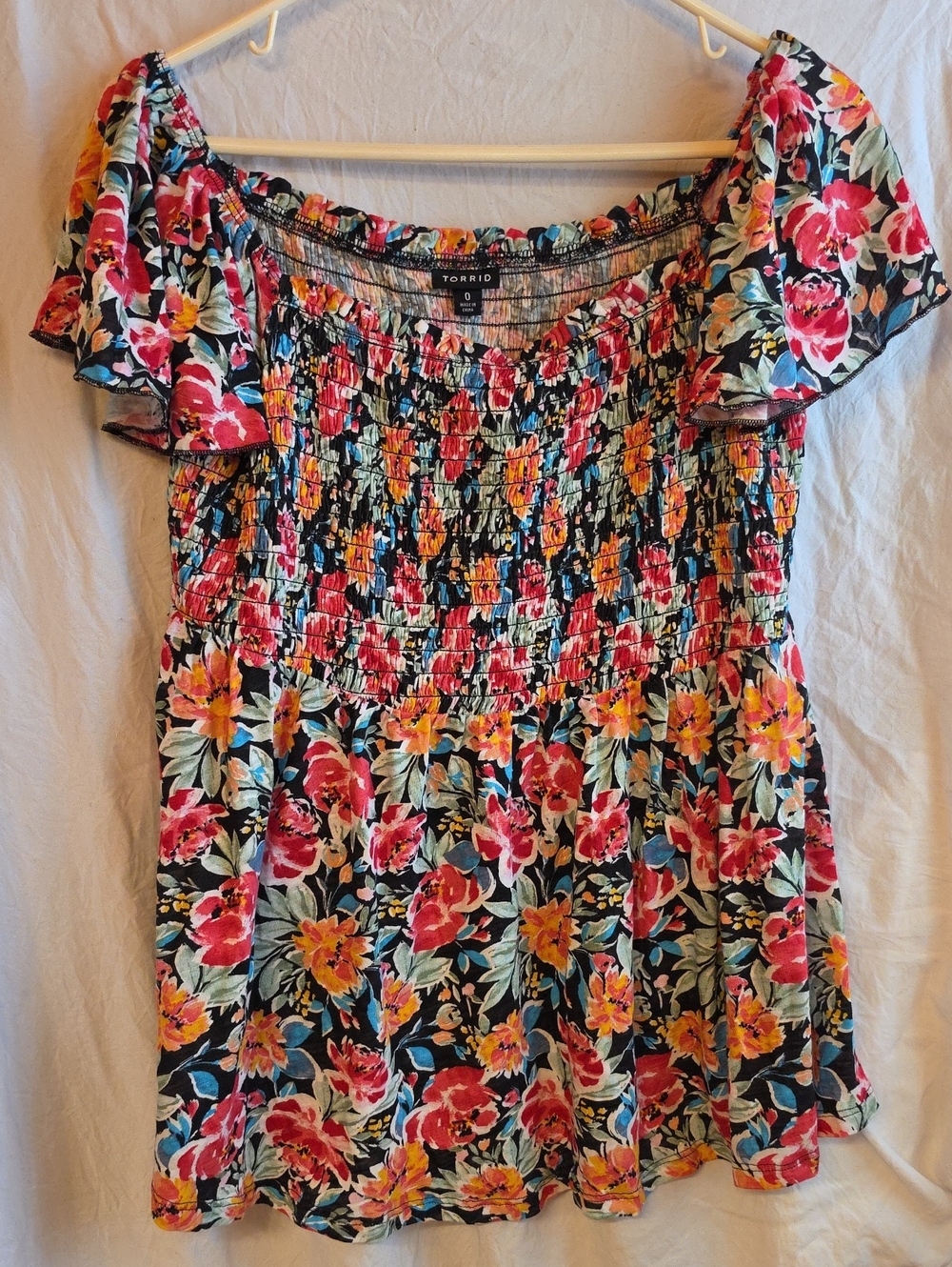 torrid Black Floral Off-Shoulder Smocked Tunic with Pink & Yellow Blooms